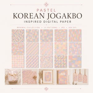 May include: Digital paper set with pastel Korean Jogakbo patterns. The image displays 15 minimal patterns in various geometric designs, along with examples of the patterns on gift wrap, framed art, a notebook, and tags.