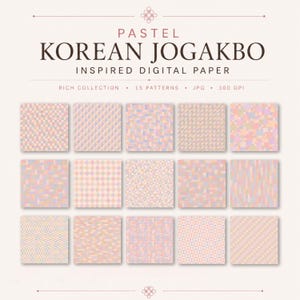 May include: A collection of 15 pastel Korean Jogakbo inspired digital paper patterns. Each square features a unique geometric design in soft pink, blue, and peach tones. The text at the top reads "Pastel Korean Jogakbo Inspired Digital Paper".