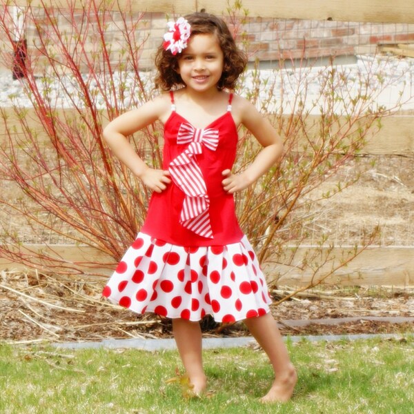 CLEARANCE SALE Girls Dress Red White Stripe Bow Dress with Red White Polka Dots - Last One S 4