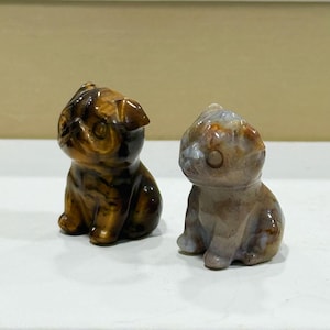 May include: Two small carved stone animal figurines sitting side by side. The left figurine is made of dark brown and gold tiger's eye stone, while the right figurine is crafted from a translucent, mottled grey and tan agate stone with smooth surfaces.