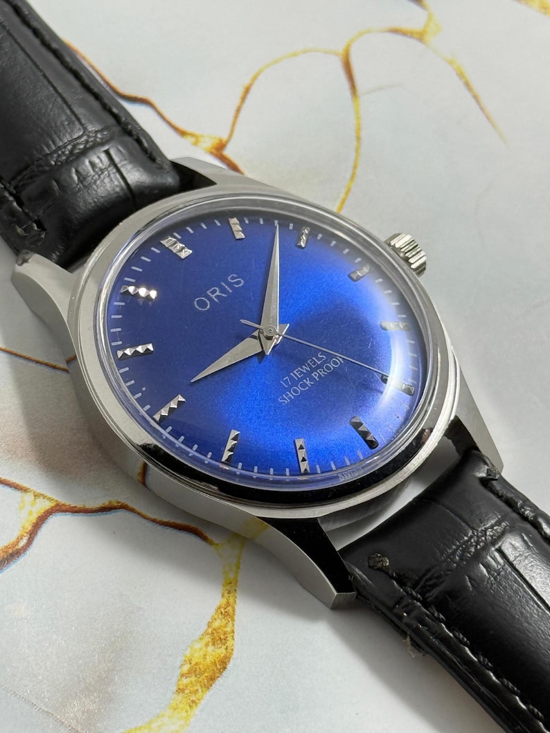 Vintage Oris Men's Navy Blue Dial Hand-Winding Watch, Swiss FHF Movement image 4