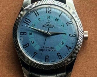 Vintage Roamer Mechanical Hand winding Blue New Dial 17 Jewels Men's Wrist Watch