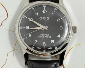 Vintage Oris Black Dial Hand Winding FHF Movement ST-96 Swiss Mens Wrist Watch