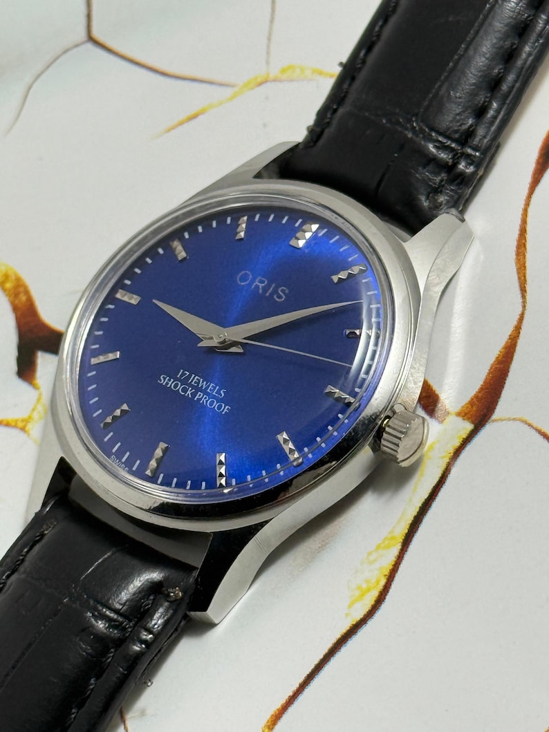 Vintage Oris Men's Navy Blue Dial Hand-Winding Watch, Swiss FHF Movement image 7
