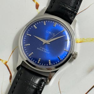 Vintage Oris Men's Navy Blue Dial Hand-Winding Watch, Swiss FHF Movement image 5