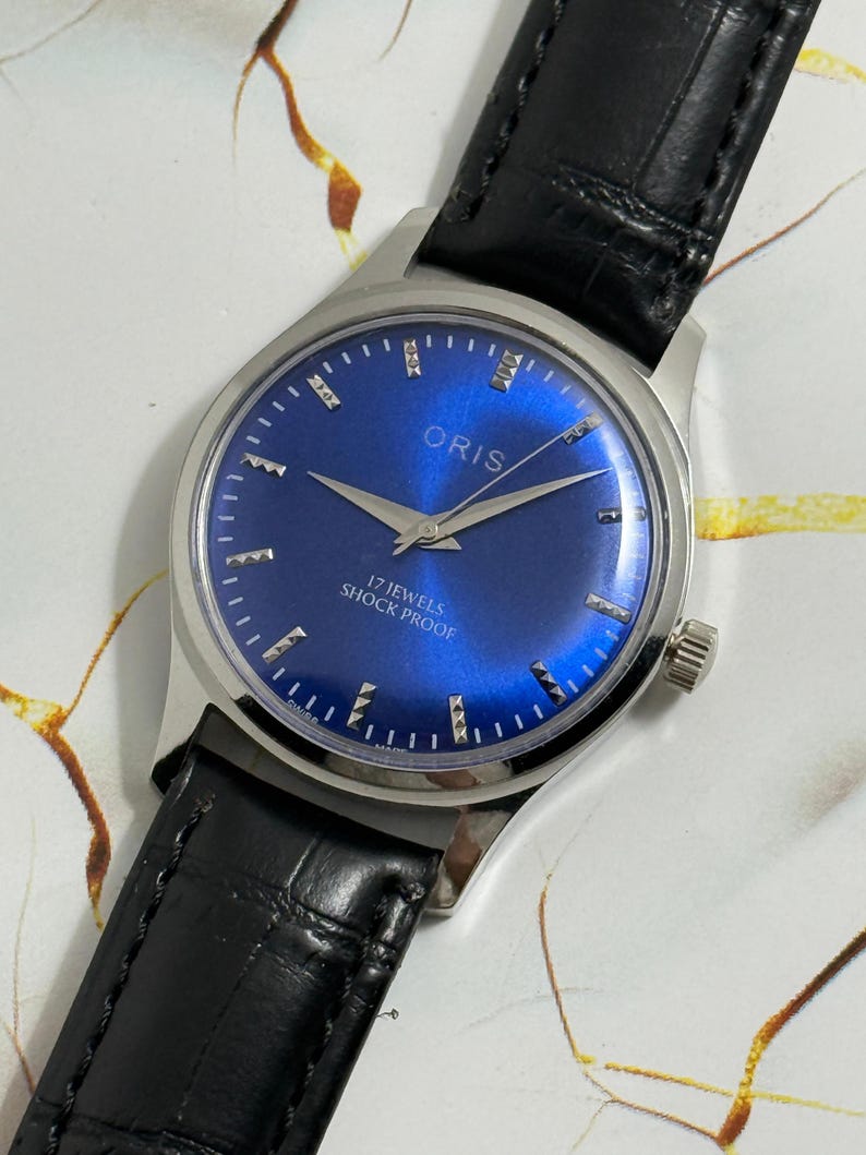 Vintage Oris Men's Navy Blue Dial Hand-Winding Watch, Swiss FHF Movement image 5