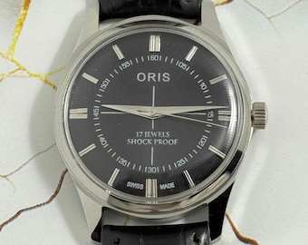 Vintage Oris Black Dial Hand Winding FHF Movement ST-96 Swiss Mens Wrist Watch