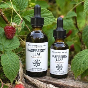 May include: Two amber glass dropper bottles labeled Wildborne Arcana Raspberry Leaf Rubus idaeus herbal tincture. The larger bottle is 2 fl oz (60 ml) and the smaller is 1 fl oz (30 ml). Both feature black dropper caps and white labels.