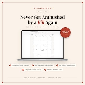 Könnte beinhalten: Eine digitale Notion-Vorlage mit dem Titel PLANKEEPER 2026 EDITION, die einen Laptop-Bildschirm mit einem monatlichen Abrechnungskalender zeigt. Der Text enthält Never Get Ambushed by a Bill Again und fünf nummerierte Funktionen.
