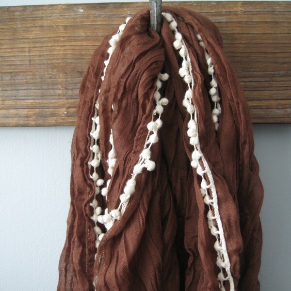 White Pom Pom trimmed Brown Linen Scarf