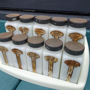 1940s Vintage Griffiths Spice Rack 10 Milk Glass Jars Metal Lids & Bakelite Rack Grandmas Kitchen