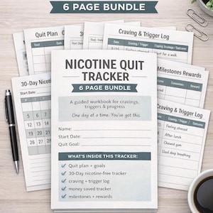 May include: A nicotine quit tracker bundle with a 6-page workbook. The pages include a quit plan, 30-day tracker, craving log, and milestones rewards. A pen and a cup of coffee are also visible.