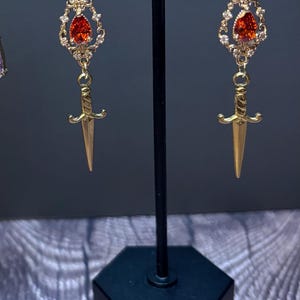 Moon Dagger Earrings | 18k Gold Plated Sword Chandelier Drops with Ruby Red Crystal | Gothic Fantasy Jewelry Gift for Her