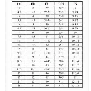 Op de afbeelding: Een schoenmatentabel met US, UK, EU, cm en inches. De tabel toont maten van US 4 (22,9 cm, 9 inch) tot US 15 (31,7 cm, 12 1/2 inch), handig voor het omrekenen van internationale schoenmaten.