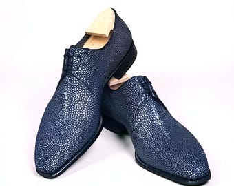 Handgemaakte blauwe leren oxfordschoenen voor heren | Formele jurk met veters