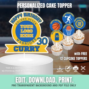Decorazione per torta Golden State Warriors modificabile, decorazione per festa di compleanno a tema basket NBA, nome ed età personalizzati, download digitale stampabile
