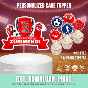 Puede incluir: Un adorno para tarta personalizado con temática de fútbol, con un diseño rojo y blanco con el texto "HAPPY BIRTHAY ZUBIMENDI". Incluye 12 adornos para cupcakes. El diseño también incluye un balón de fútbol, botas y una camiseta.