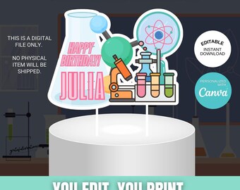 Adorno para tarta de cumpleaños de laboratorio de ciencias, personalizado, editable, imprimible, ideal para fiestas.