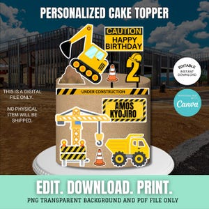 May include: A personalized cake topper with a construction theme. The design includes a yellow excavator, a caution sign that says "Happy Birthday", a number 2, and the name "Amos Kyojiro". The cake topper is a digital file.