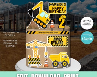 Decoración para fiesta de cumpleaños con temática de construcción, excavadora, adornos para fiesta de cumpleaños de ingeniero, plantilla imprimible editable.
