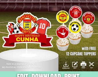 Football Club Man United Birthday Party Cake Topper, Personalized, Free Cupcake Toppers, Printable, Editable Cake Decor