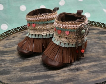 Soft Sole Boho Boots...Dream Catcher Boho Boots...Baby Boots...Baby Girl Boots...Turquoise and Coral...Gypsie Boots...Cowgirl Boho Boots