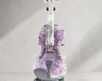 Amethyst Agate Crystal Violin Sculpture, Brazilian Designer Handmade Music Art Collectible, One of a Kind Statement Decor