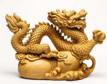 Thuja Wood Chinese Dragon Carving, Hand Carved Wooden Dragon Statue, Feng Shui Good Luck Decor Gift