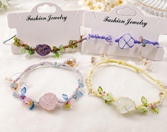 Raw Crystal Braided Bracelet, Handmade Adjustable Rose Quartz Fluorite Amethyst Citrine Bracelet, Fairycore Jewelry Gift
