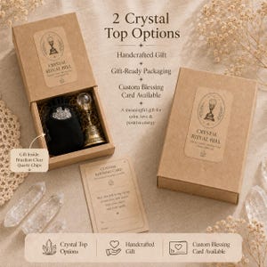 May include: A brown cardboard gift box containing a metal ritual bell with a clear crystal top and a black pouch filled with clear quartz chips. A custom blessing card is included, with text reading 2 Crystal Top Options, Crystal Ritual Bell, and Custom Blessing Card.