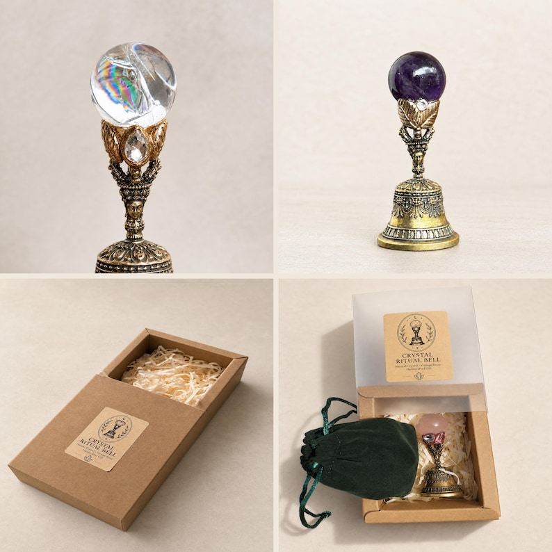 May include: A ritual bell featuring a clear or purple crystal sphere atop an ornate, antique-gold colored metal handle with leaf and gemstone accents. The set includes a brown cardboard gift box with a label reading Crystal Ritual Bell.