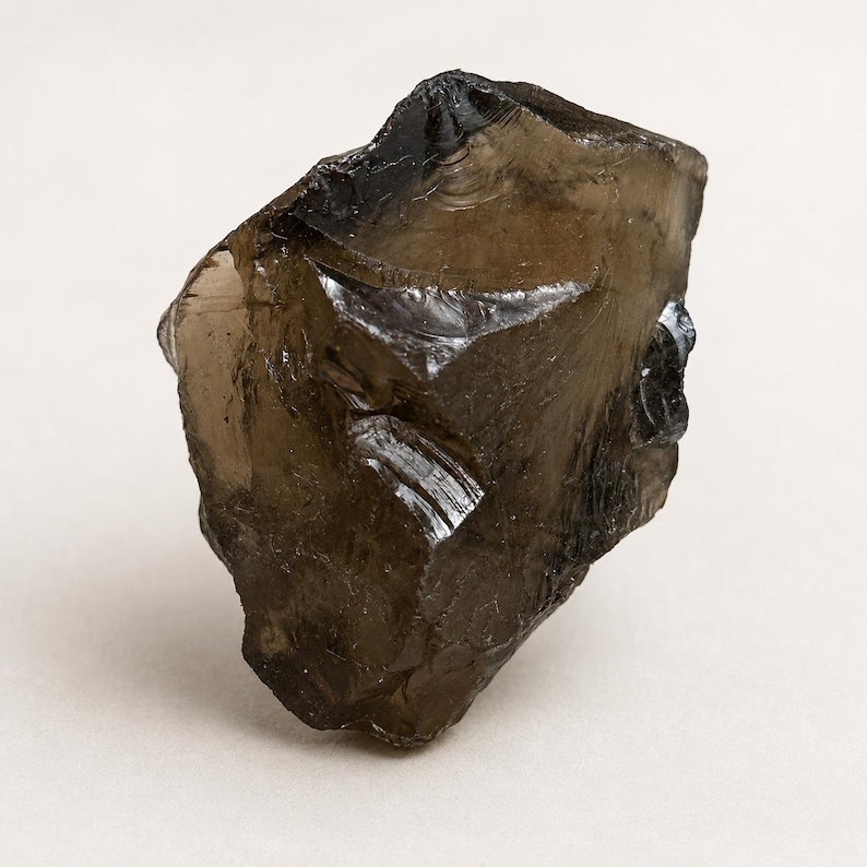 May include: A raw, translucent smoky quartz crystal with a dark brown hue. The mineral specimen features sharp, irregular edges and a glassy, conchoidal fracture pattern across its surface, displaying varying levels of clarity and depth.