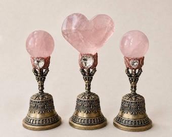 Rose Quartz Witch Bell, Crystal Hand Bell, Brass Ritual Bell, Heart or Sphere Altar Decor