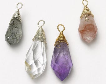 Faceted Crystal Pendant Necklace, Natural Quartz Amethyst Citrine Rose Quartz Rutilated Crystal with S925 Silver Chain