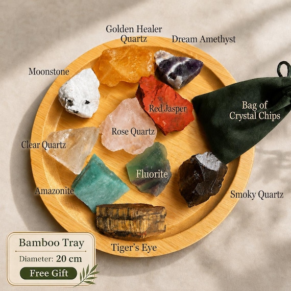 Large Beginner Crystal Kit, 10 Raw Crystals Set, Natural Mixed Stone Collection with Bamboo Tray, 1kg Crystal Gift Set