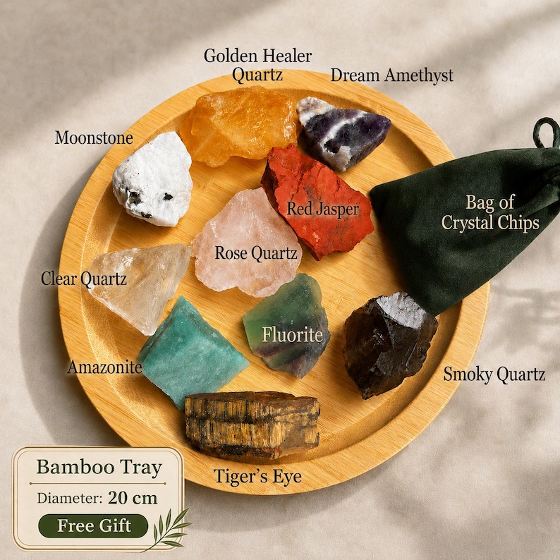 Large Beginner Crystal Kit, 10 Raw Crystals Set, Natural Mixed Stone Collection with Bamboo Tray, 1kg Crystal Gift Set image 1