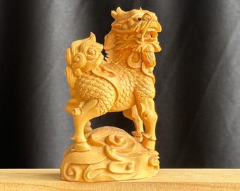 Thuja Wood Qilin Carving, Hand Carved Wooden Kirin Statue, Feng Shui Good Luck Asian Decor Gift