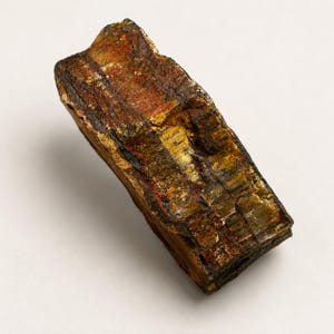 May include: A rectangular piece of tiger's eye gemstone featuring a fibrous, chatoyant texture with alternating bands of golden-brown, dark brown, and deep reddish-orange hues. The surface displays a natural, rough-hewn appearance with visible layers.