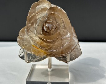 Hand-Carved Smoky Quartz Flower with Stand, Translucent Brazilian Tea Crystal Rose Sculpture, Grounding Decor Exact Specimen 0.82lb