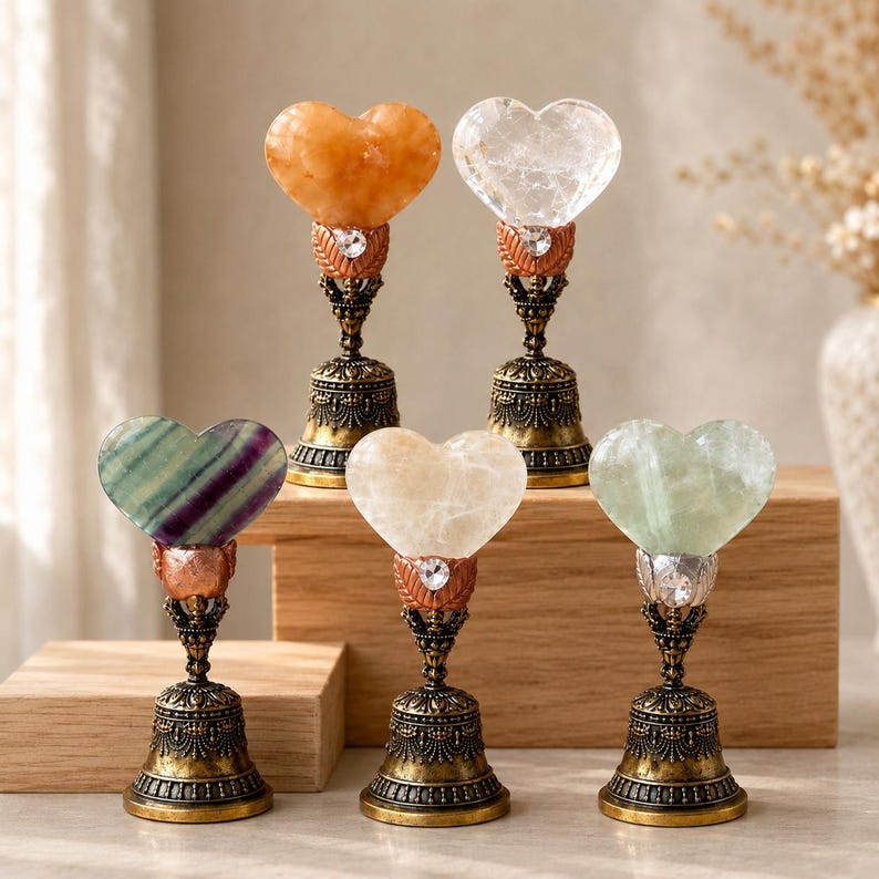 May include: Five decorative ornaments featuring heart-shaped gemstones atop ornate, antique-style brass bell bases. Each piece includes a small, clear crystal accent nestled between the stone heart and the detailed metal stand, showcasing varied colors.