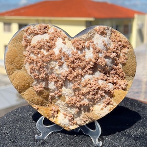 Sällsynt rosa kalcit på gult agathjärta (1,65 lb) | Symbiotiskt brasilianskt mineralprov | Gyllene druzykristallblomma | 6,1" stor dekor