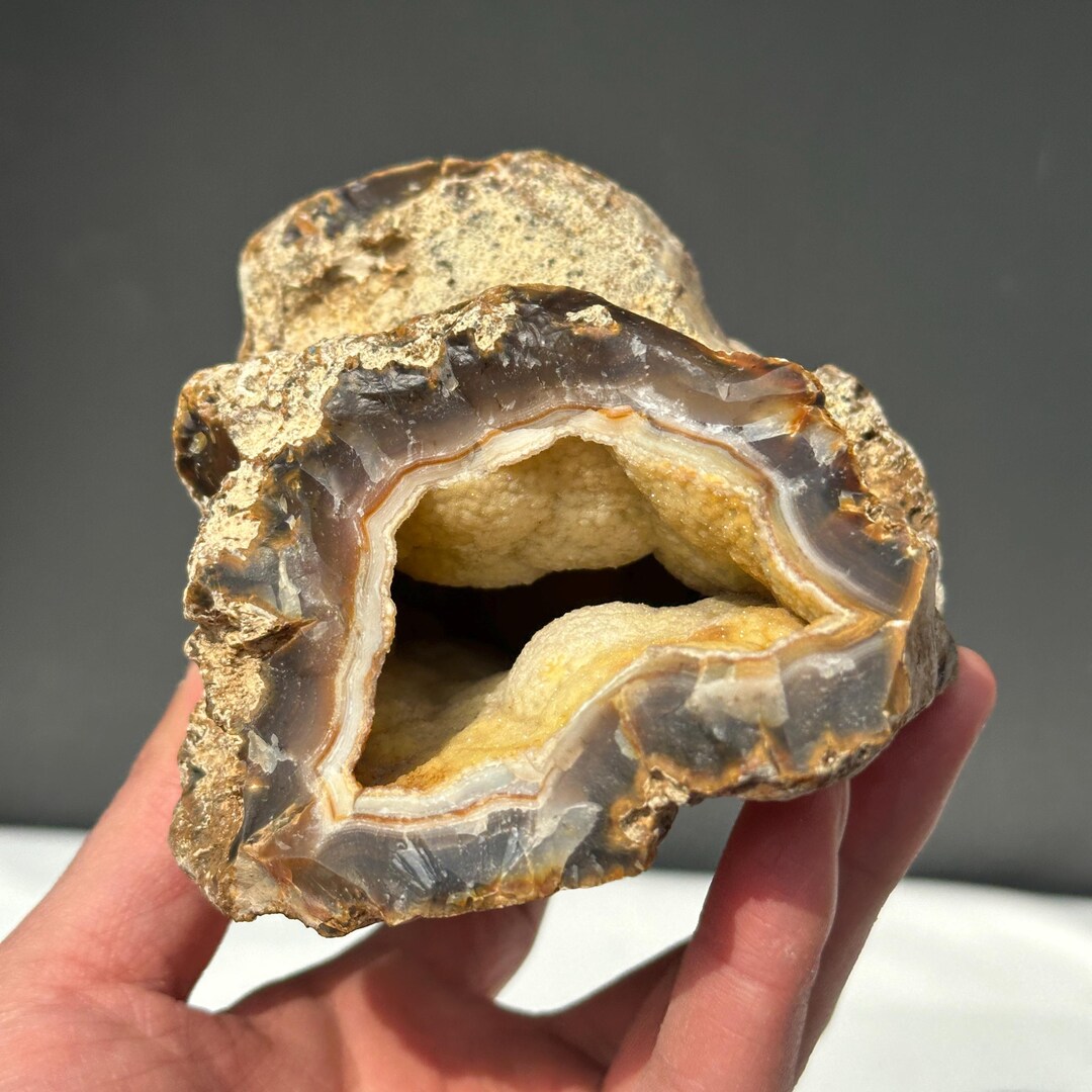 Raw Yellow Agate Geode Cave, Cut Base Crystal Cluster, Natural Banded ...
