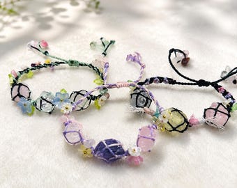 Raw Crystal Braided Bracelet, Handmade Adjustable Fluorite Citrine Rose Quartz Bracelet, Fairycore Crystal Jewelry Gift