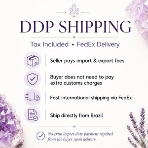 May include: An informational graphic titled DDP SHIPPING with text stating Tax Included and FedEx Delivery. It lists that the seller pays import and export fees, no extra customs charges for the buyer, fast international shipping, and direct shipping from Brazil.