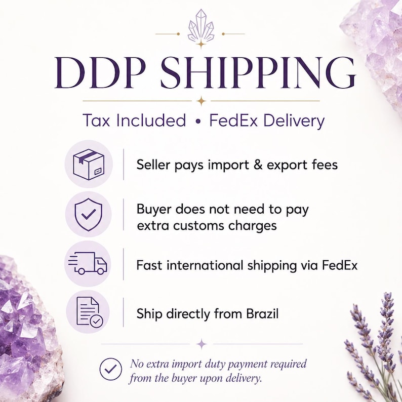 May include: An informational graphic titled DDP SHIPPING with text stating Tax Included and FedEx Delivery. It lists that the seller pays import and export fees, no extra customs charges for the buyer, fast international shipping, and direct shipping from Brazil.
