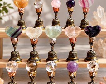 Witch Bell Crystal Altar Bell, Vintage Brass Hand Bell, Rose Quartz Fluorite Ritual Bell, Witchy Decor, Cleansing Bell Gift