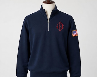 Custom JEE Epstein Initials Quarter Zip Sweatshirt, Embroidered Viral JEE Initials Half Zip Pullover, Navy Sweater with USA Flag Sleeve