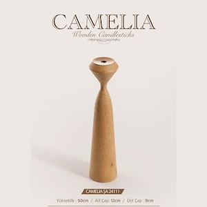 May include: A light brown wooden candlestick labeled CAMELIA Wooden Candlesticks. The object has a flared top and a tapered base. Text on the image indicates a height of 50 cm, a base diameter of 12 cm, and a top diameter of 9 cm.
