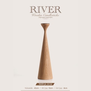 May include: A tall, light brown wooden candlestick with a conical shape, featuring a flared top and a wide base. The text RIVER Wooden Candlesticks is displayed above, with the model number 24126 and dimensions of 45cm height, 13cm base diameter, and 8cm top diameter printed below.