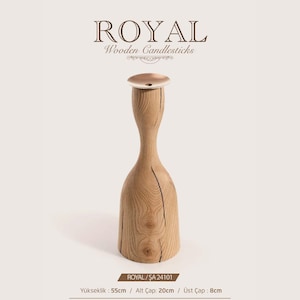 May include: A light-colored wooden candlestick with a visible grain and a vertical crack, featuring a flat circular top. The text ROYAL Wooden Candlesticks is displayed above, with product code ROYAL/ŞA 24101 and dimensions 55cm height, 20cm base diameter, and 8cm top diameter.